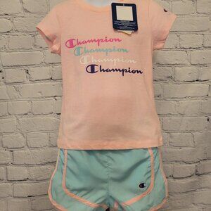 Champion Toddler Pink Candy Stacked Logo Tee & Aruba Blue Shorts